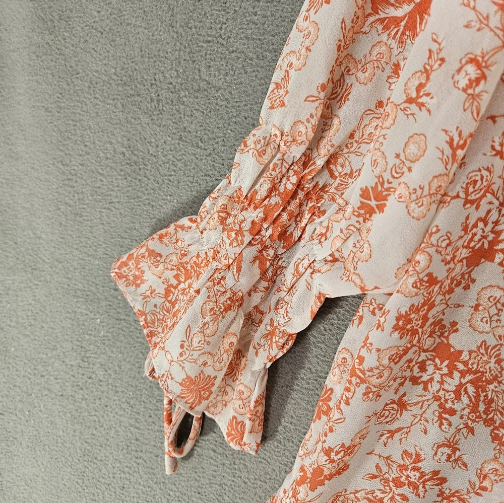 Umgee USA Large Popover Sheer Shirt Orange Floral Ruffle Sleeve Boho Cottagecore - Picture 5 of 11